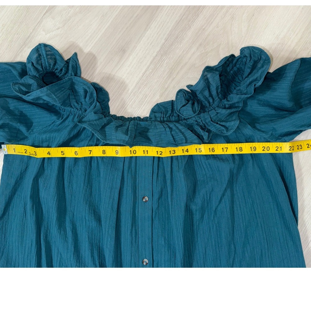 Anthropologie Teal Blue Ruffle Off Shoulder Cotton Gauze Midi Dress Large Boho - Picture 8 of 13